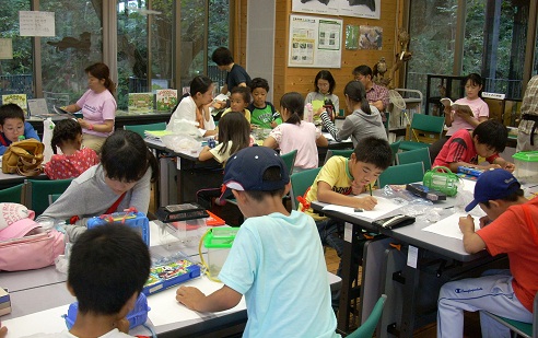 写真：部屋に戻ってスケッチを始める子どもたち