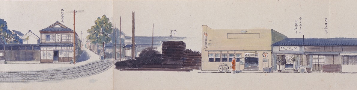 写真：『堺市第一次疎開地区記録』(岸谷勢蔵 画)より建物疎開前の堺龍神郵便局付近