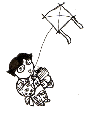 カット：凧上げをするはてなちゃん